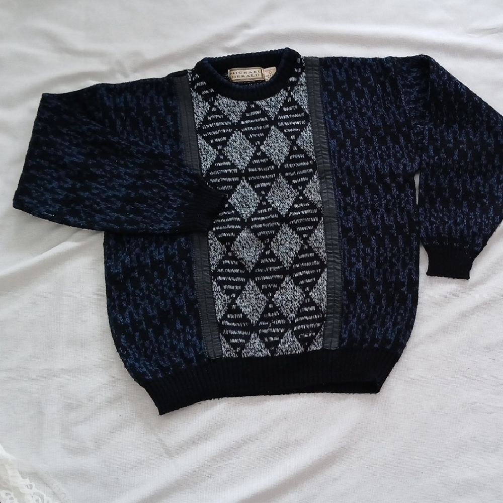Men's Michael Gerald Navy and Gray Patterned Crewneck Sweater